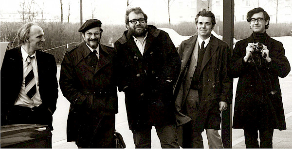 Die Kreide-Clique von 1973 (von links nach rechts): Gundolf Ernst, Friedrich Schmid-Wallis, Walter Kegel Christensen, Max-Gotthard Schulz und Christopher J. Wood.